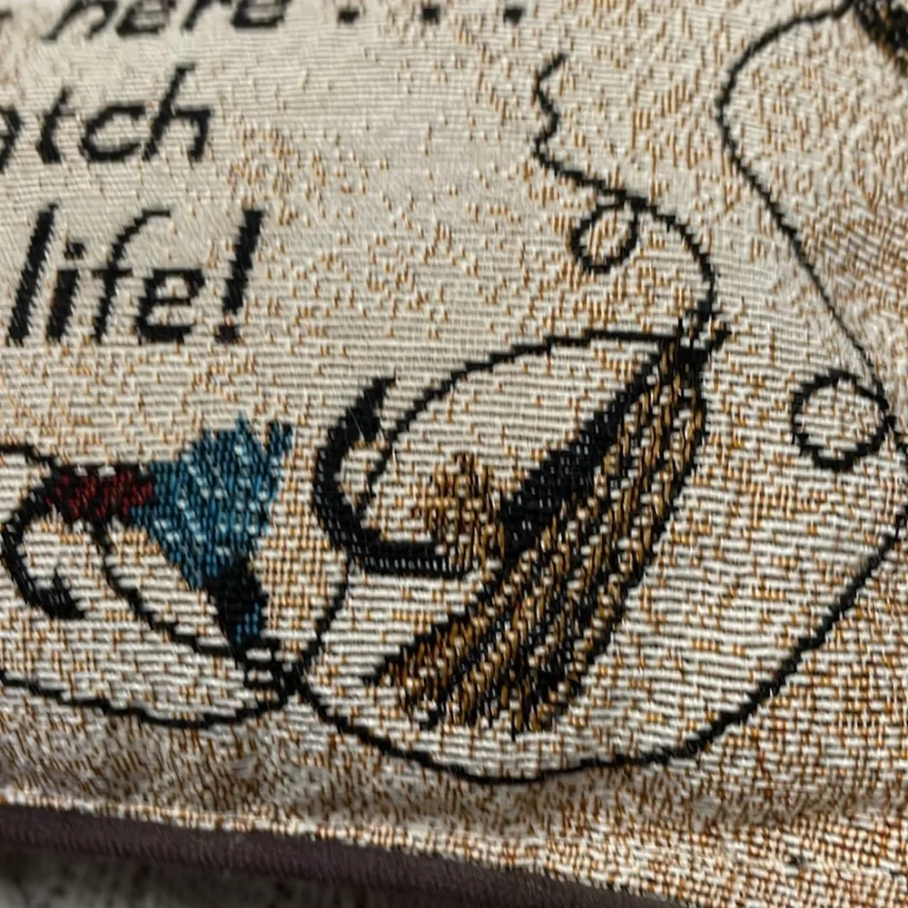 Decorative pillow. Fisherman flies fishing line tapestry black back fabric